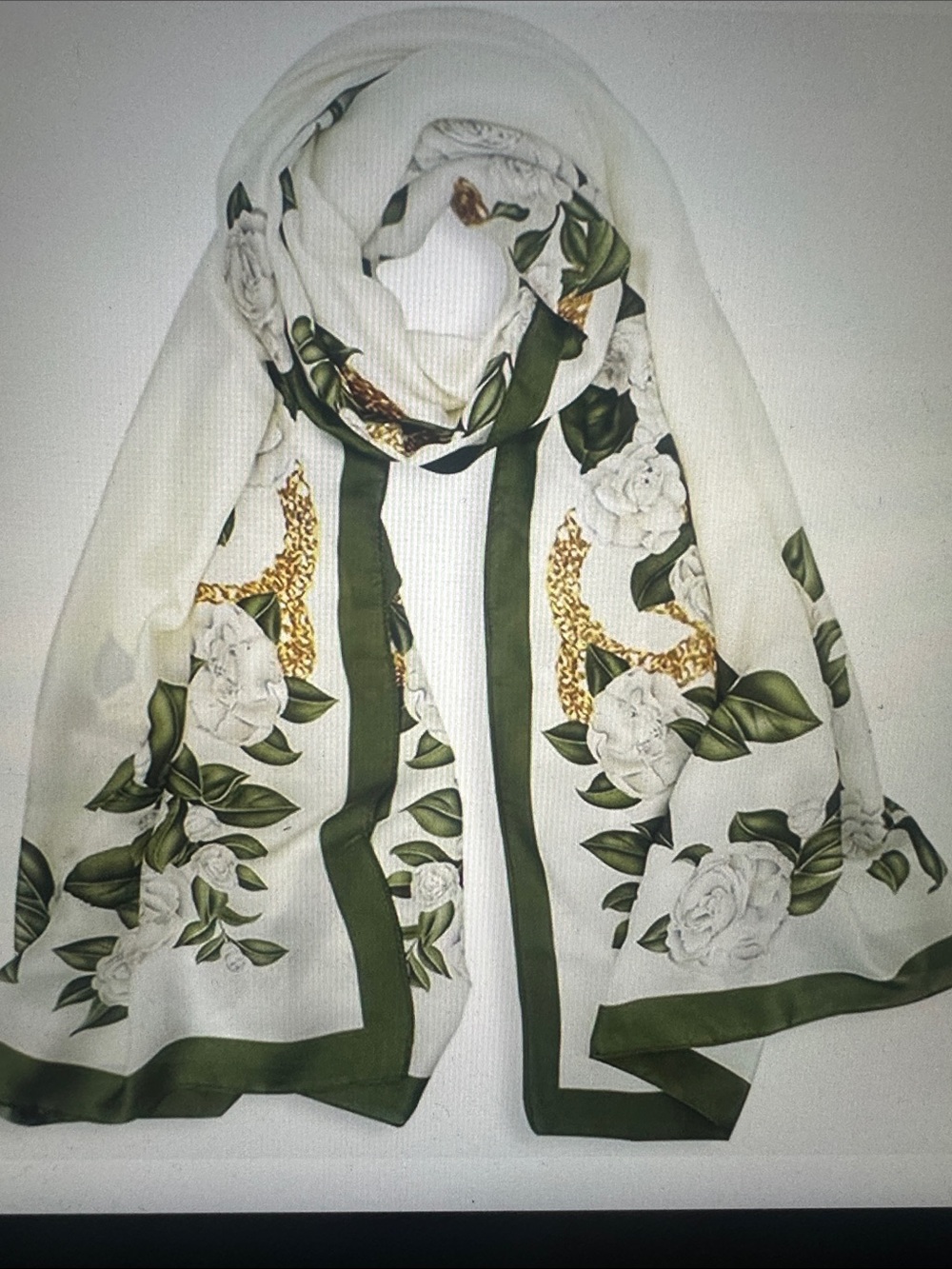 Women’s 100% large silk Elegant White Floral Scarf with Green Trim